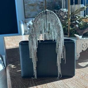 Chic Black Handbag with Silver Rhinestone Fringe